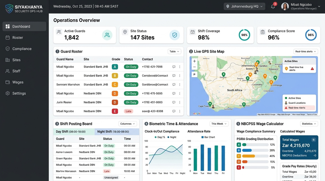 EasyTrac Security Workforce Management Dashboard showing live guard rostering, GPS map, and NBCPSS payroll