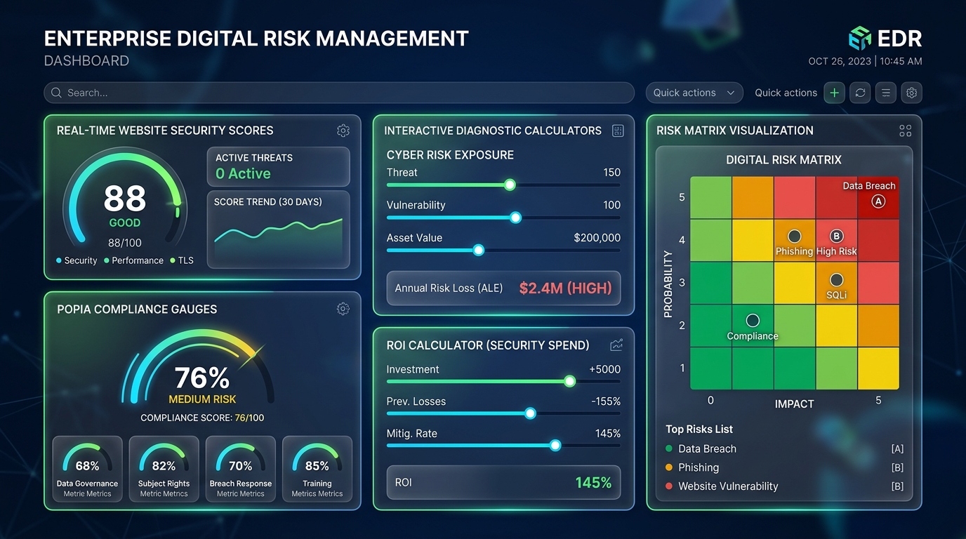 Interactive risk management dashboard with security scores, compliance gauges, and calculators