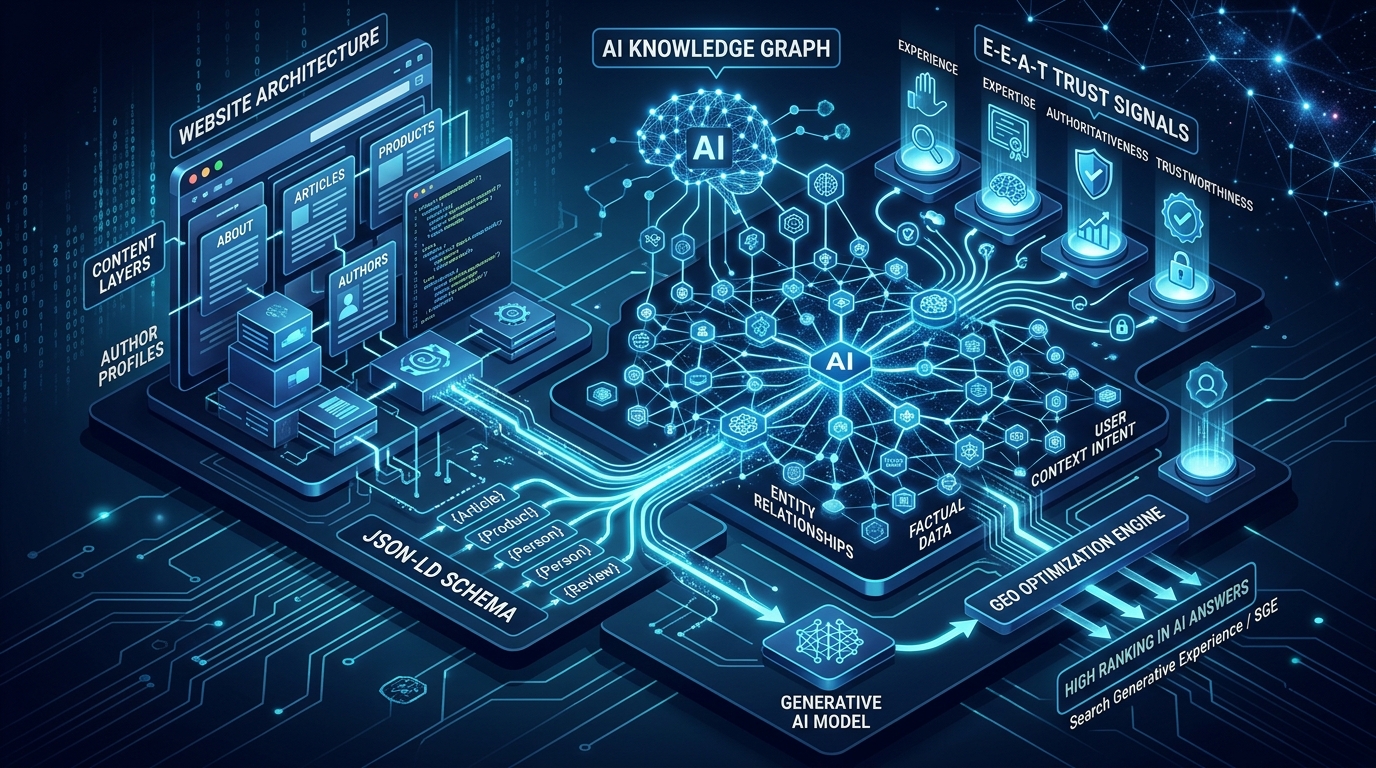 Generative Engine Optimization (GEO) technical architecture connecting JSON-LD schema to AI knowledge graphs
